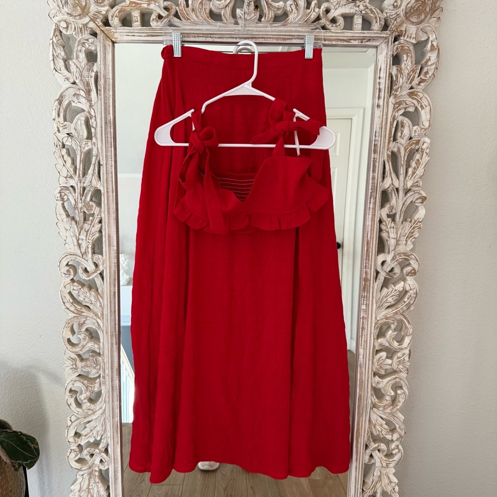 Red Two-Piece Set crop top & maxi skirt with slit